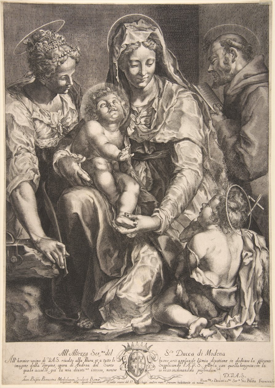 Szűz és gyermek Szent Katalinnal, Assisi Ferenccel és Keresztelő Jánossal, 17. század közepe. alkotó: Giovanni Battista Bonacina