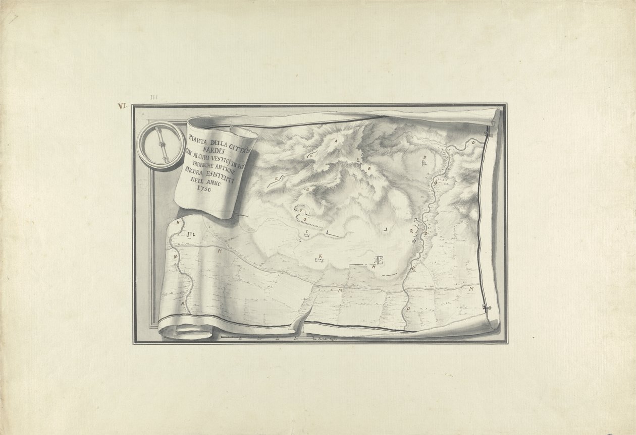 A szárdiszi romok terve 1750-ben még meglévő ősi épületek maradványaival, 1750 körül (toll és tinta grafittal a papíron) alkotó: Giovanni Battista Borra