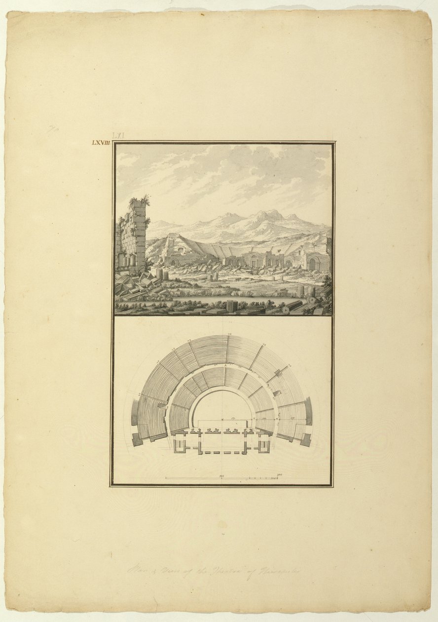 A Hierapolisi Színház (ma Pamukkale) képe és terve, 1750 körül (toll, tinta és mosás papíron) alkotó: Giovanni Battista Borra