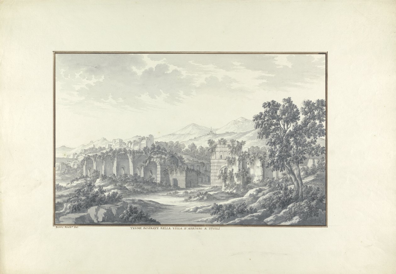 Kilátás a romos fürdőre a Hadrians-villában Tivoliban, 1750 körül alkotó: Giovanni Battista Borra