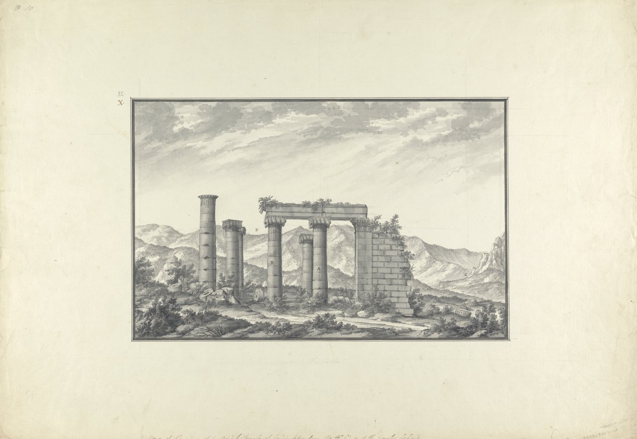 Kilátás egy ión templom romjaira Szardiszon, valószínűleg Neptunusz temploma, 1750 körül (szürke mosás, toll, tinta és ceruza papíron) alkotó: Giovanni Battista Borra