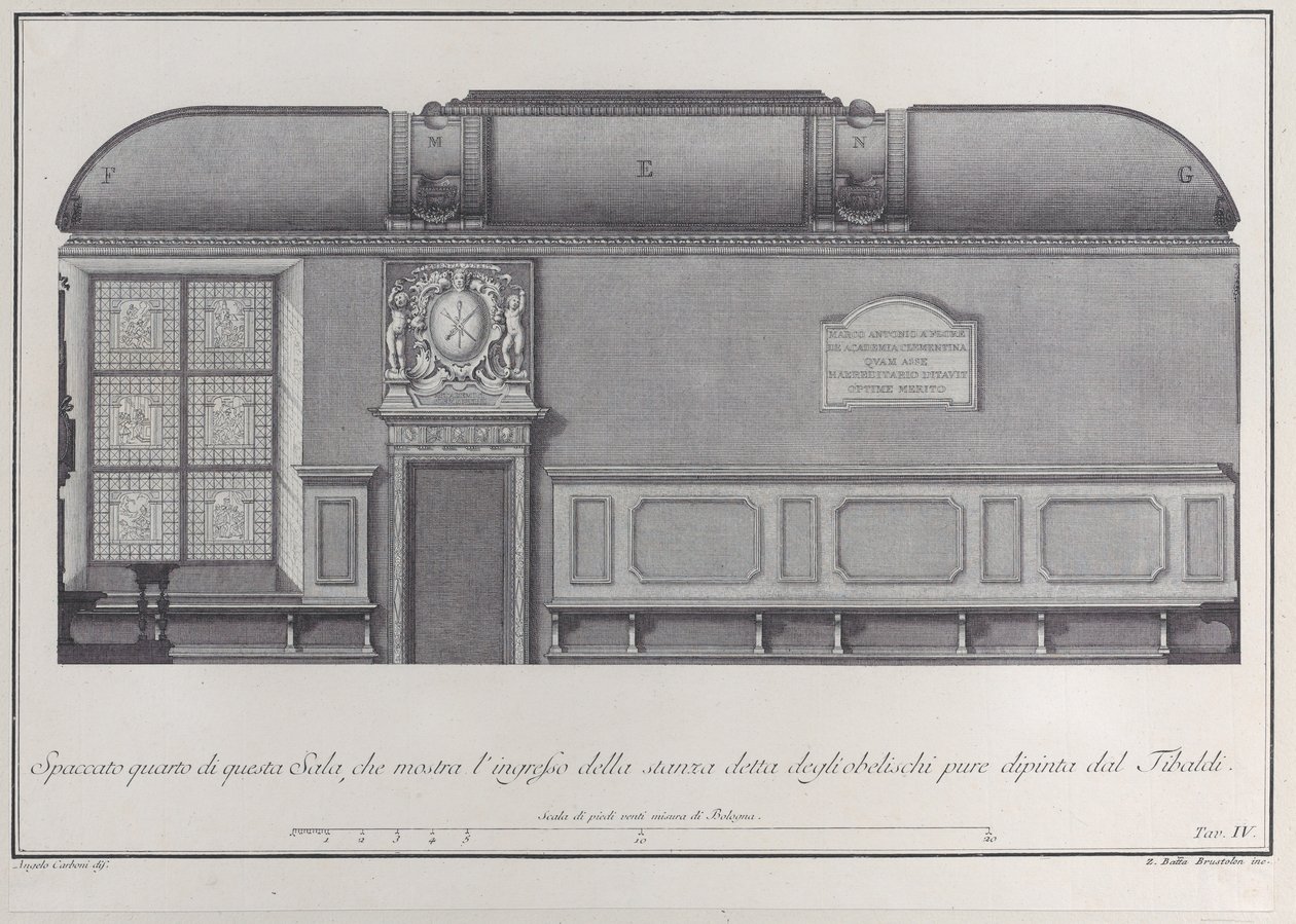 4. tábla: a Bolognai Intézet termének keresztmetszete, a r... bejáratával, 1756. alkotó: Giovanni Battista Brostoloni