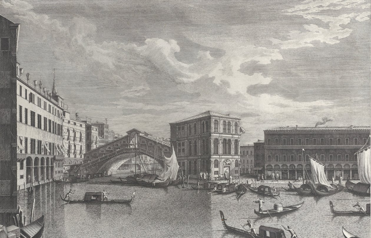 A Rialto-híd, Velence, csónakokkal és gondolákkal a vízben, 1763. alkotó: Giovanni Battista Brostoloni