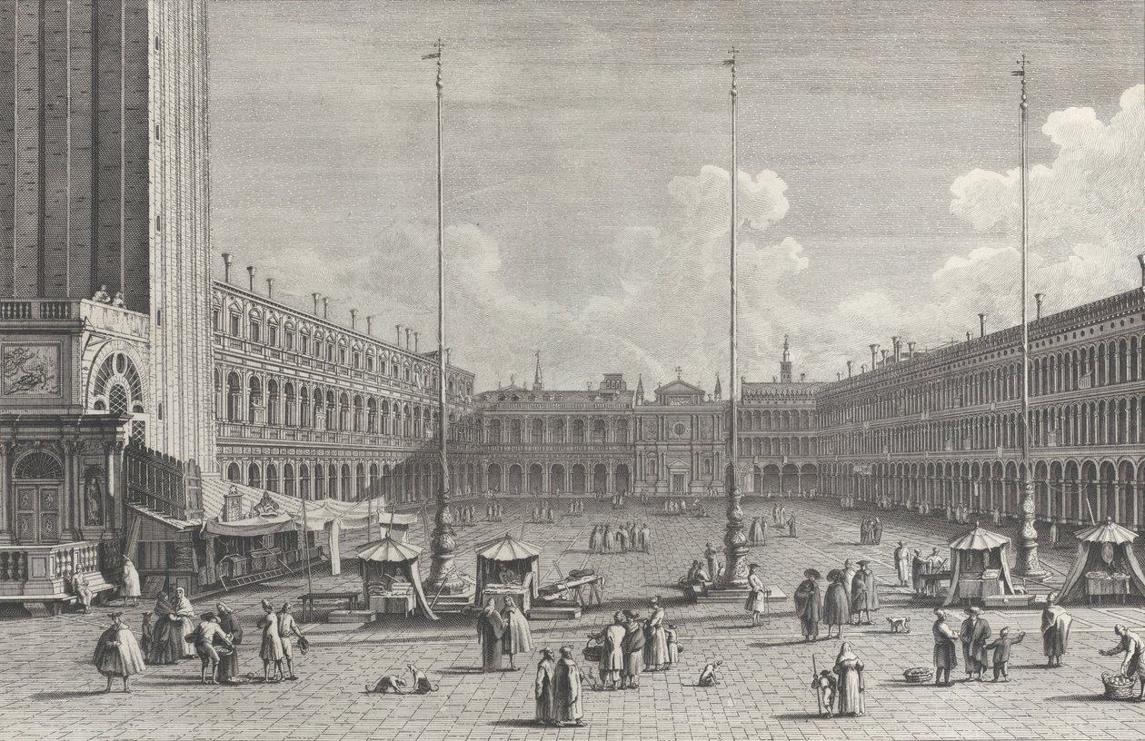 Kilátás a Piazza San Marco-ra, a túlsó végén a San Geminiano templommal, figurákkal és..., 1763. alkotó: Giovanni Battista Brostoloni
