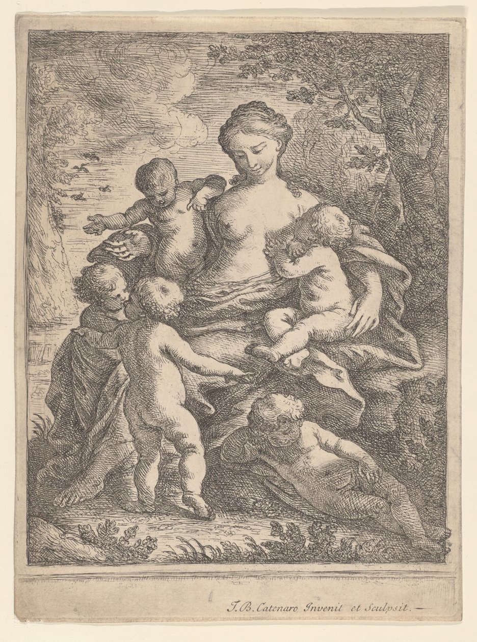 Jótékonysági szervezet, egy tájban ülve, öt meztelen gyerekkel körülvéve, 1692-1727. alkotó: Giovanni Battista Catenaro