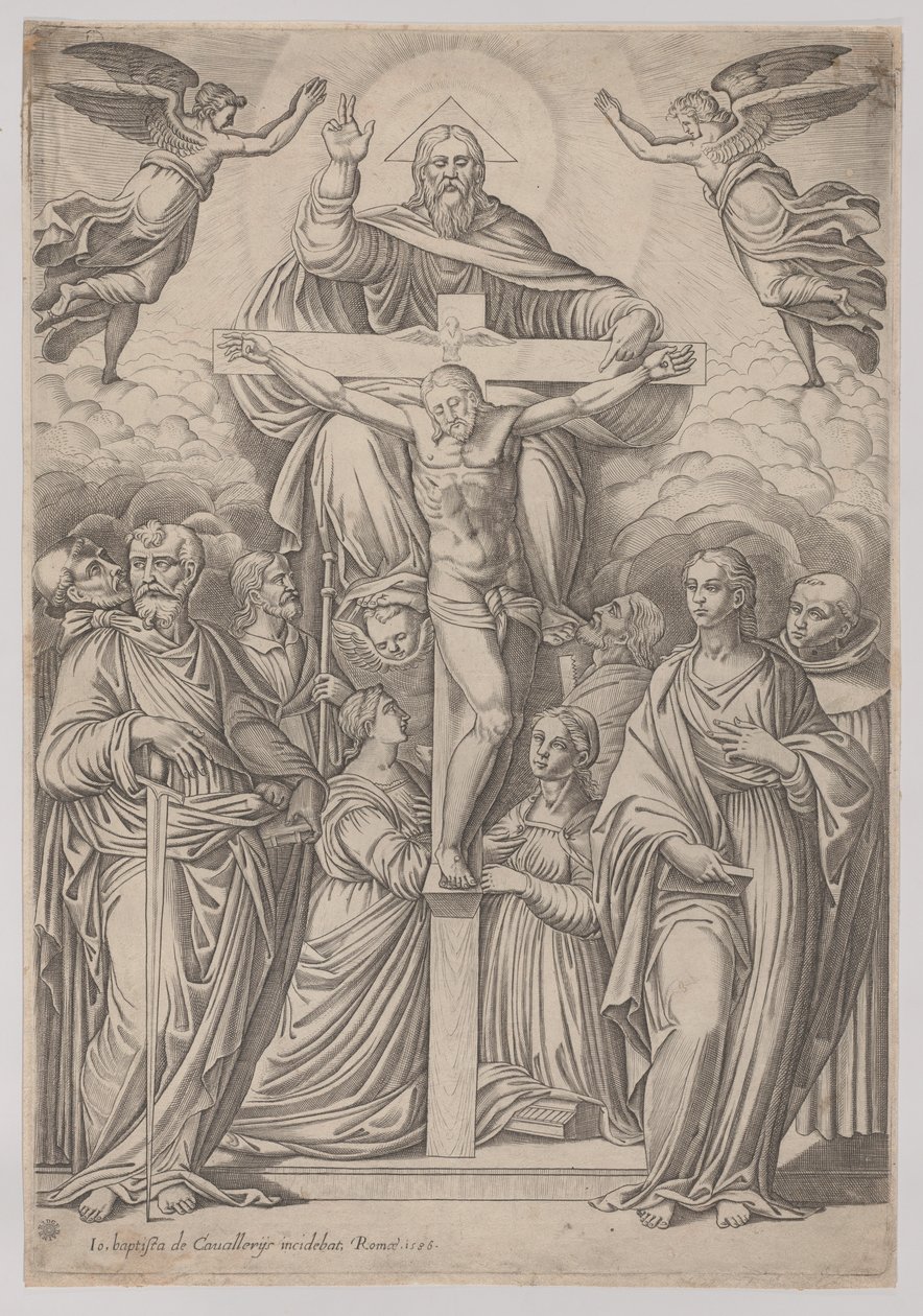 A Szentháromság, középen a keresztre feszítéssel és mindkét oldalán szentekkel, 1586. alkotó: Giovanni Battista Cavalieri