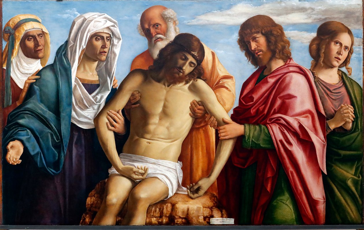 Szűz Mária, Nikodémus, Szent János evangélista és a Két Mária által támogatott halott Krisztus (festmény) alkotó: Giovanni Battista Cima da Conegliano