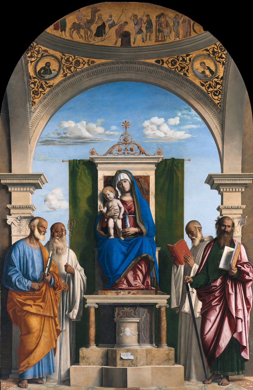 Trónoló Madonna a gyermekkel és Szent Péter, Romualdus, Benedek és Pál apostolokkal alkotó: Giovanni Battista Cima da Conegliano