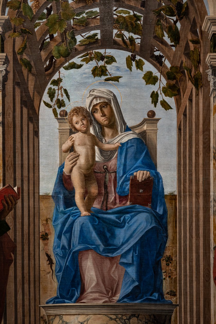 Jakab és Jeromos szentek között trónoló Madonna a kisded Jézussal, részlet alkotó: Giovanni Battista Cima da Conegliano