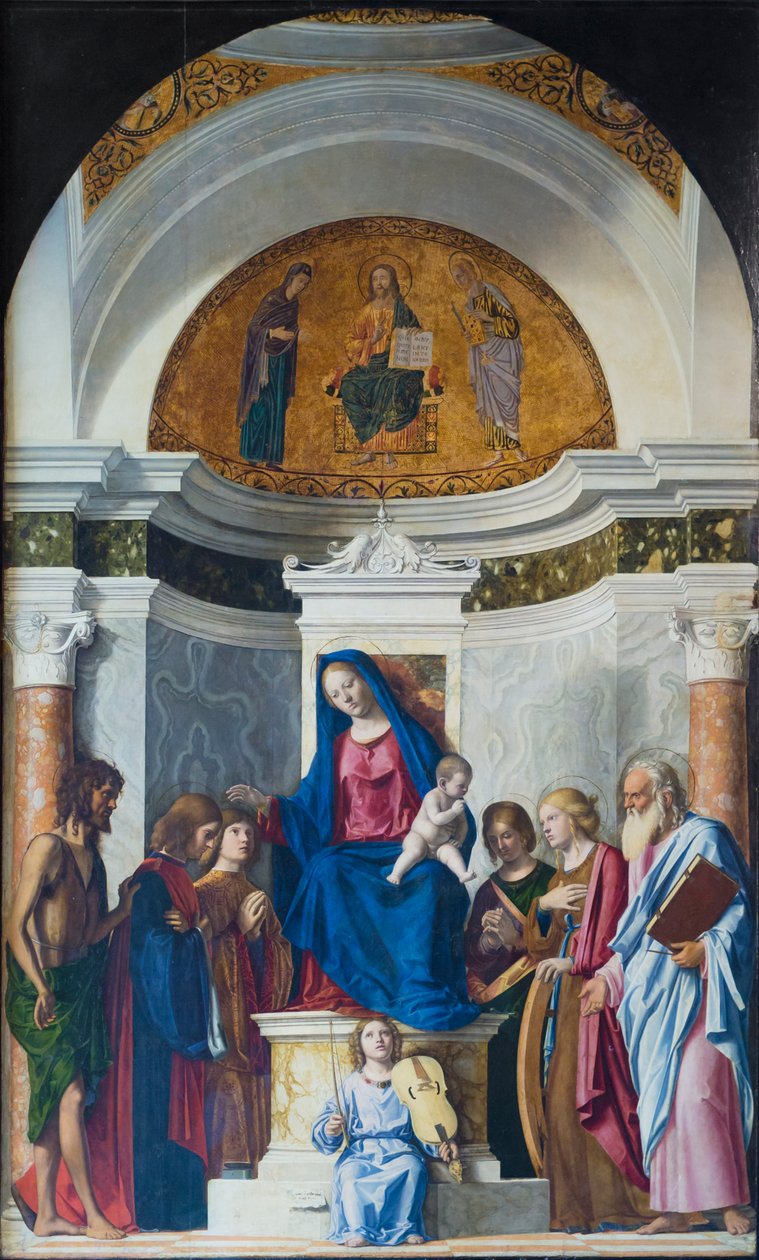 Beborított Madonna a gyermekkel és Keresztelő Szent János, Szent Kozma, Szent Damján, 1507 körül (olaj, fa) alkotó: Giovanni Battista Cima da Conegliano