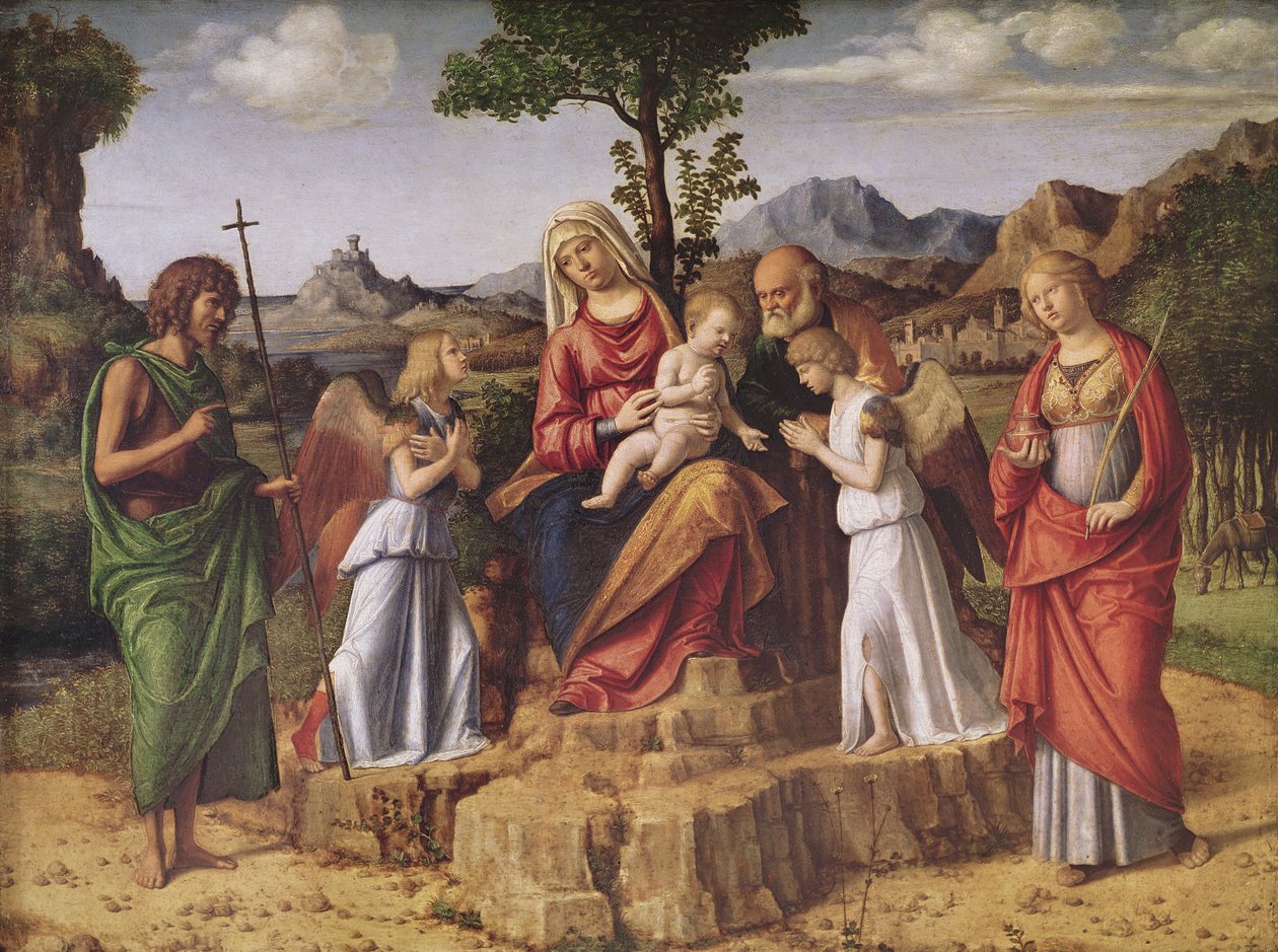 Szent beszélgetés (A Szent Család angyalokkal körülvéve, Szent Lúcia és Keresztelő Szent János), megállás az egyiptomi repülés előtt, 1490 körül alkotó: Giovanni Battista Cima da Conegliano
