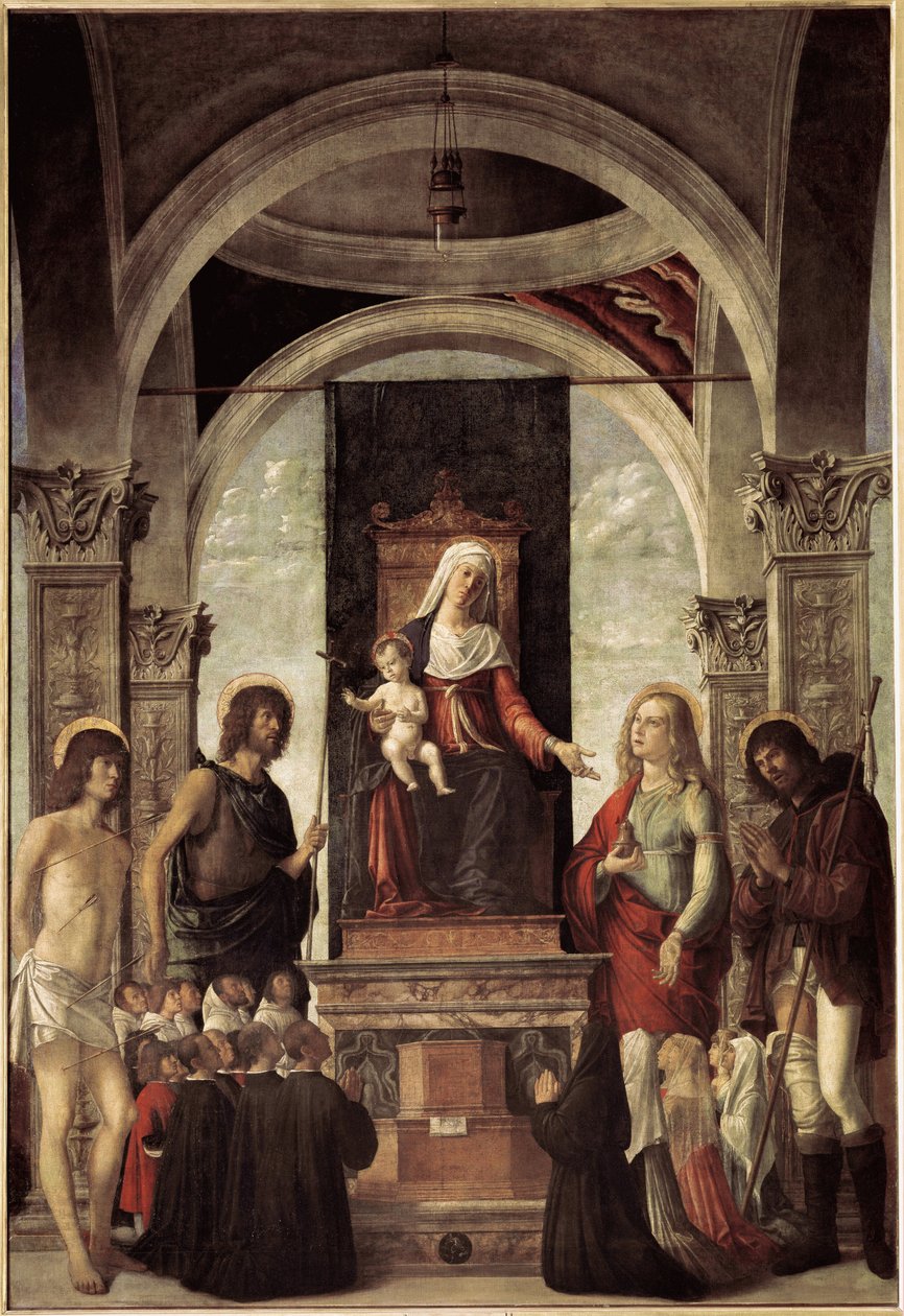 Szent beszélgetés, szűz gyermekkel Keresztelő Szent János, Szent Sebestyén, Szent Rókus, Szent Mária Magdolna körülvéve (olaj, vászon, 1487-1488 körül) alkotó: Giovanni Battista Cima da Conegliano