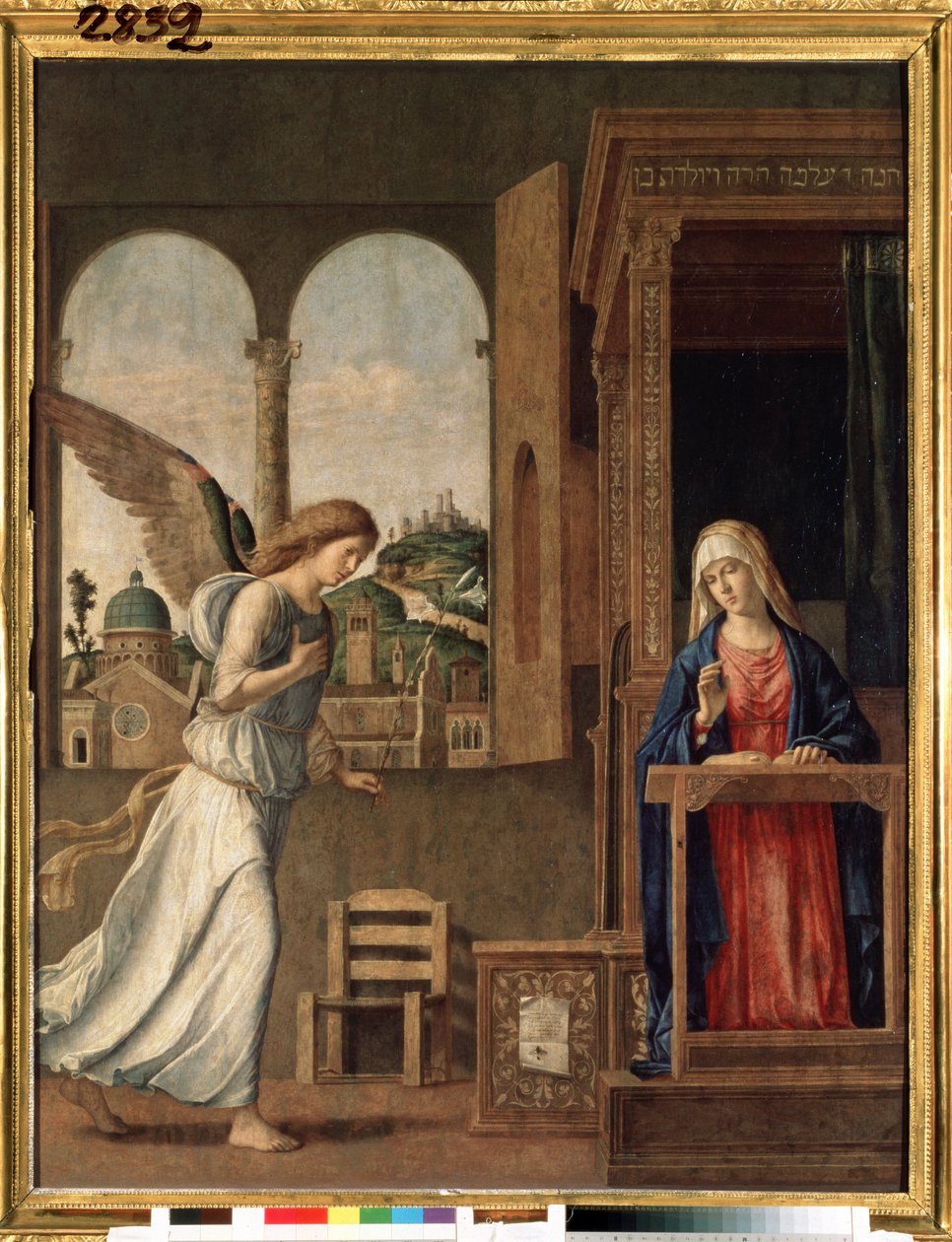 ""Az angyali üdvözlet"" (Az annuciation) Giovanni Battista Cima da Conegliano festménye (kb. 1459-1517) 1495 Méret: 136x107 cm Szentpétervár, Remete Múzeum alkotó: Giovanni Battista Cima da Conegliano