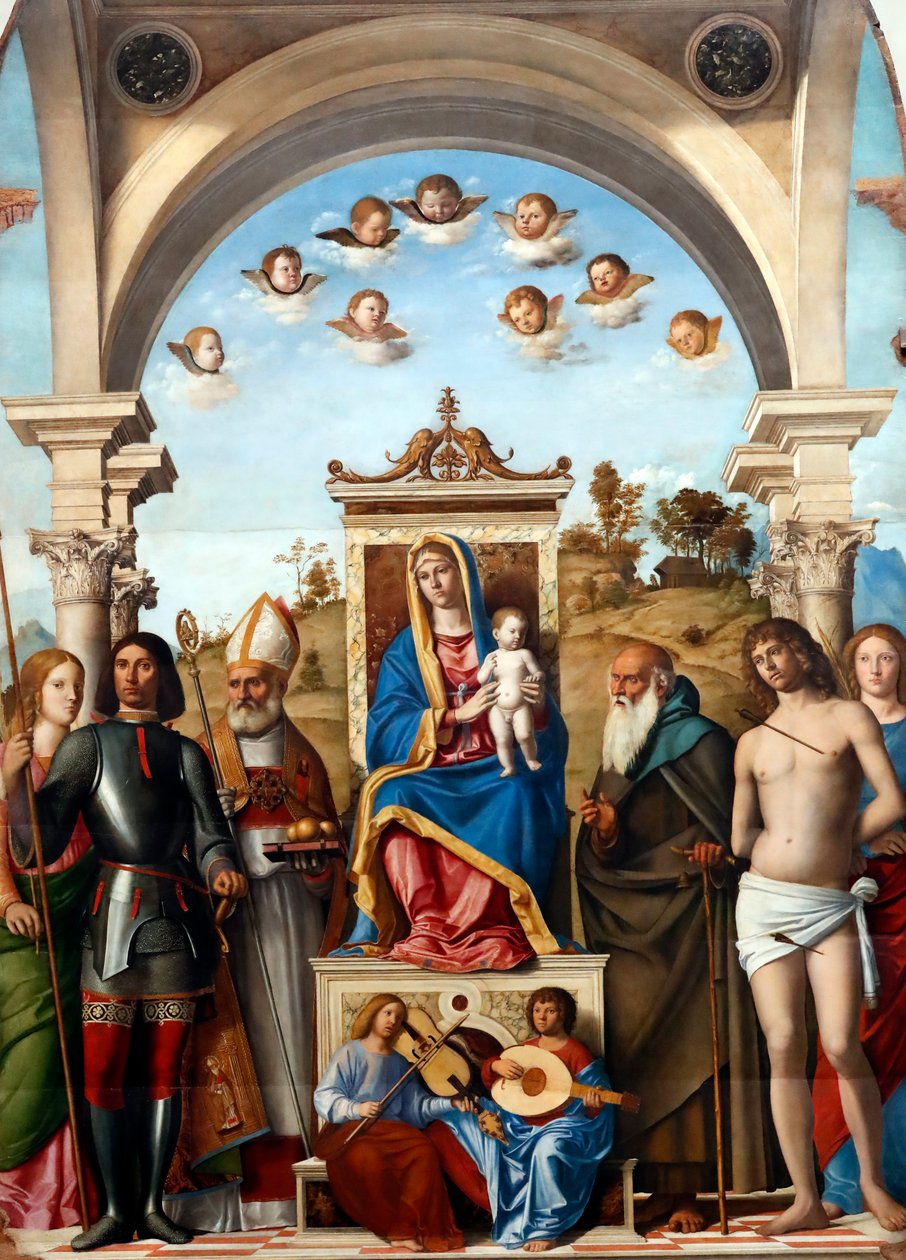 Madonna és gyermek trónol Szent Katalin, George, Nicholas, Anthony Abbot, Sebastian és Lucy társaságában alkotó: Giovanni Battista Cima da Conegliano