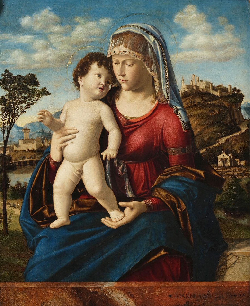 Madonna és gyermeke egy tájképben alkotó: Giovanni Battista Cima da Conegliano