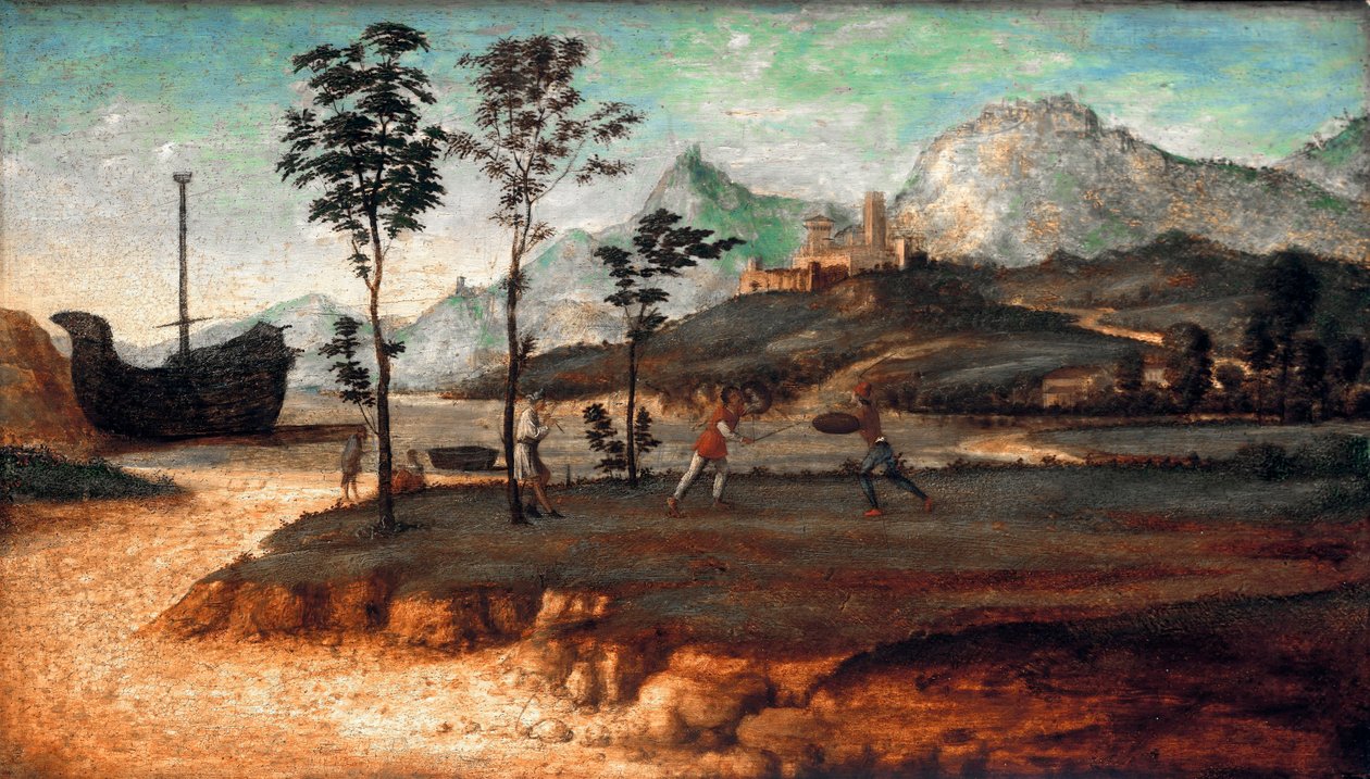 "Parti táj két férfi harcával" (Parti táj két férfi harcával) Giovanni Battista Cima da Conegliano festménye (kb. 1459-1517), c 1510 - Olaj, fa, 32x53 - Staatliche Museen, Berlin alkotó: Giovanni Battista Cima da Conegliano