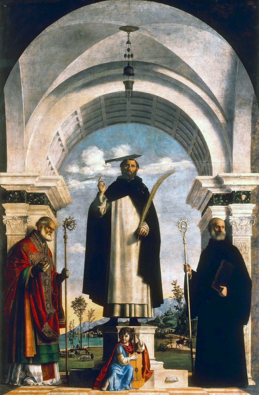 Mártír Szent Péter Bari Szent Miklóssal, Szent Benedekkel és egy angyalzenésszel alkotó: Giovanni Battista Cima da Conegliano