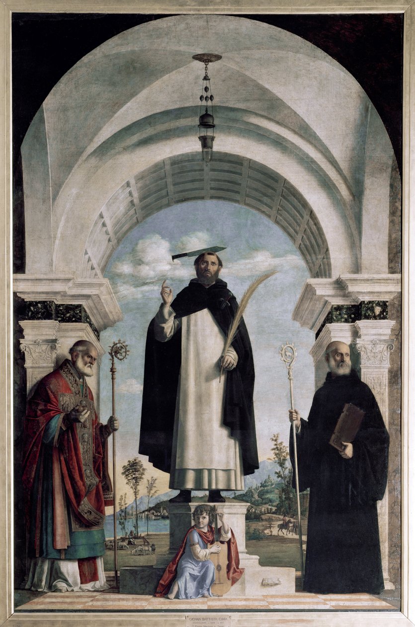 Veronai Szent Péter Szent Miklóssal és Szent Benedek angyallal (olaj a táblán alkotó: Giovanni Battista Cima da Conegliano