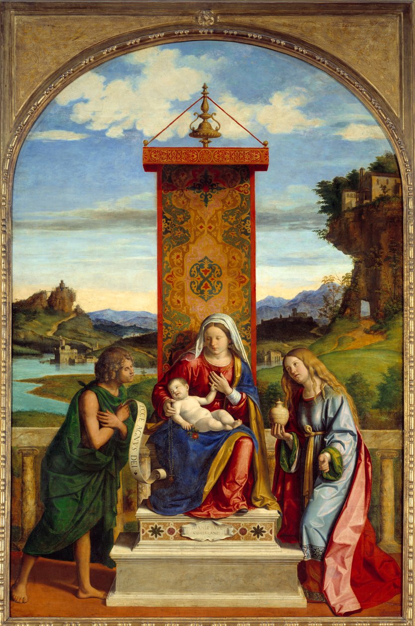 A Szűznek gyermeke van Keresztelő Szent János és Szent Mária Magdolna között. Cima Da Conegliano (1459-1517) festménye alkotó: Giovanni Battista Cima da Conegliano