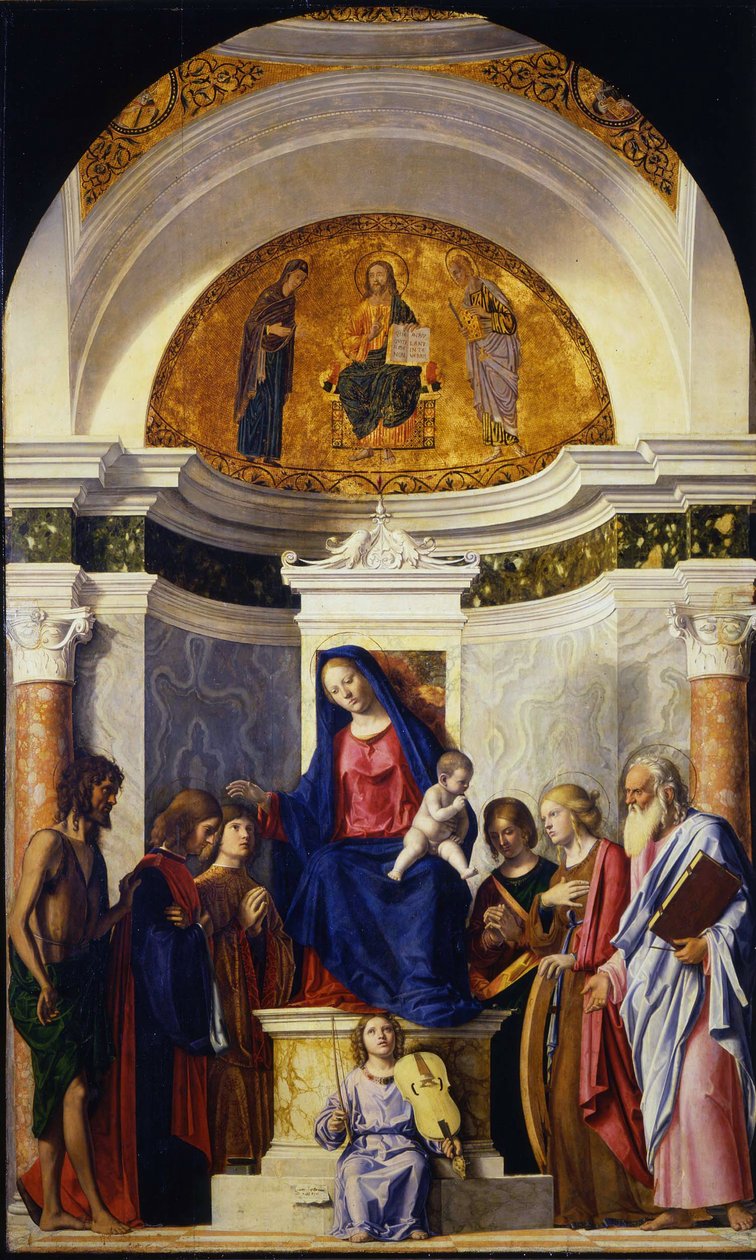 Szűz és gyermeke Keresztelő Jánossal, Kozmasszal és Damianussal, Katalinnal és Pállal, kb 1506-1507 alkotó: Giovanni Battista Cima da Conegliano