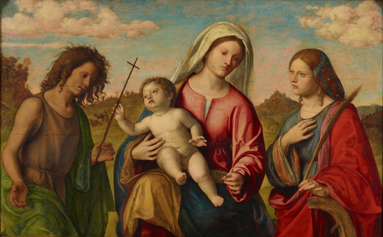 Szűzanya és gyermeke Szent Katalinnal és Keresztelő Szent Jánossal, 1515 körül. alkotó: Giovanni Battista Cima da Conegliano