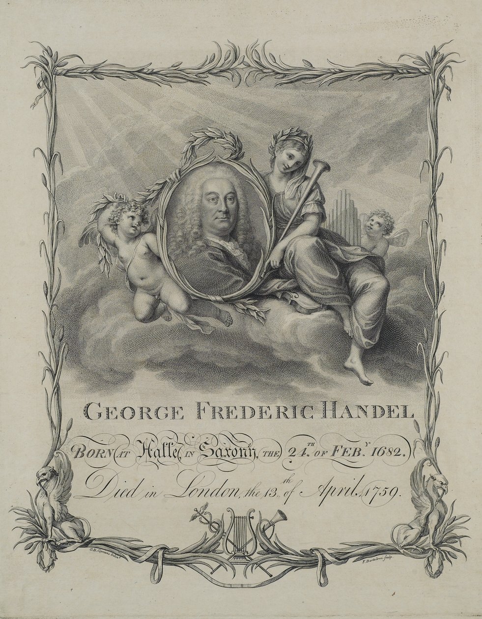 George Frideric Handel, Francesco Bartolozzi (1727-1815) metszete, 1790 körül. alkotó: Giovanni Battista Cipriani