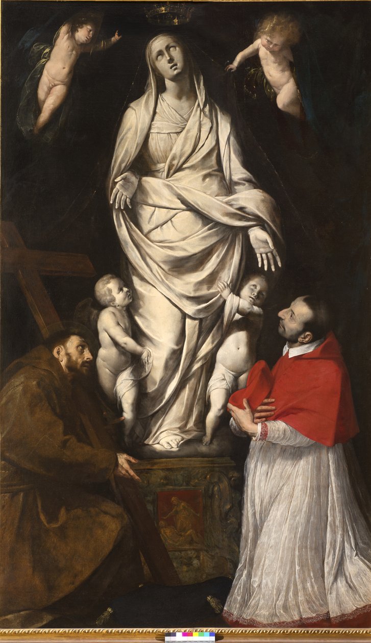 Szent Ferenc és Boldog Borromeo Károly imában a milánói San Celso-i Szűzanya szobra előtt, 1610 körül alkotó: Giovanni Battista Crespi
