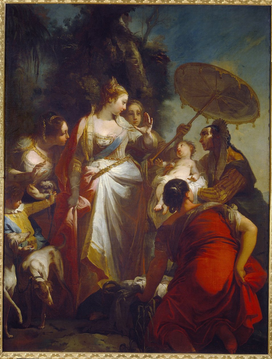Mózes felfedezése. (Mózes megtalálása). A fáraó lánya úgy dönt, hogy örökbe fogadja a Nílus (Egyiptom) melletti kosárban talált újat. Giovanni Battista Crosato festménye (1697-1758 körül), olaj, vászon, 1730 körül. Olasz művészet (Velence) alkotó: Giovanni Battista Crosato