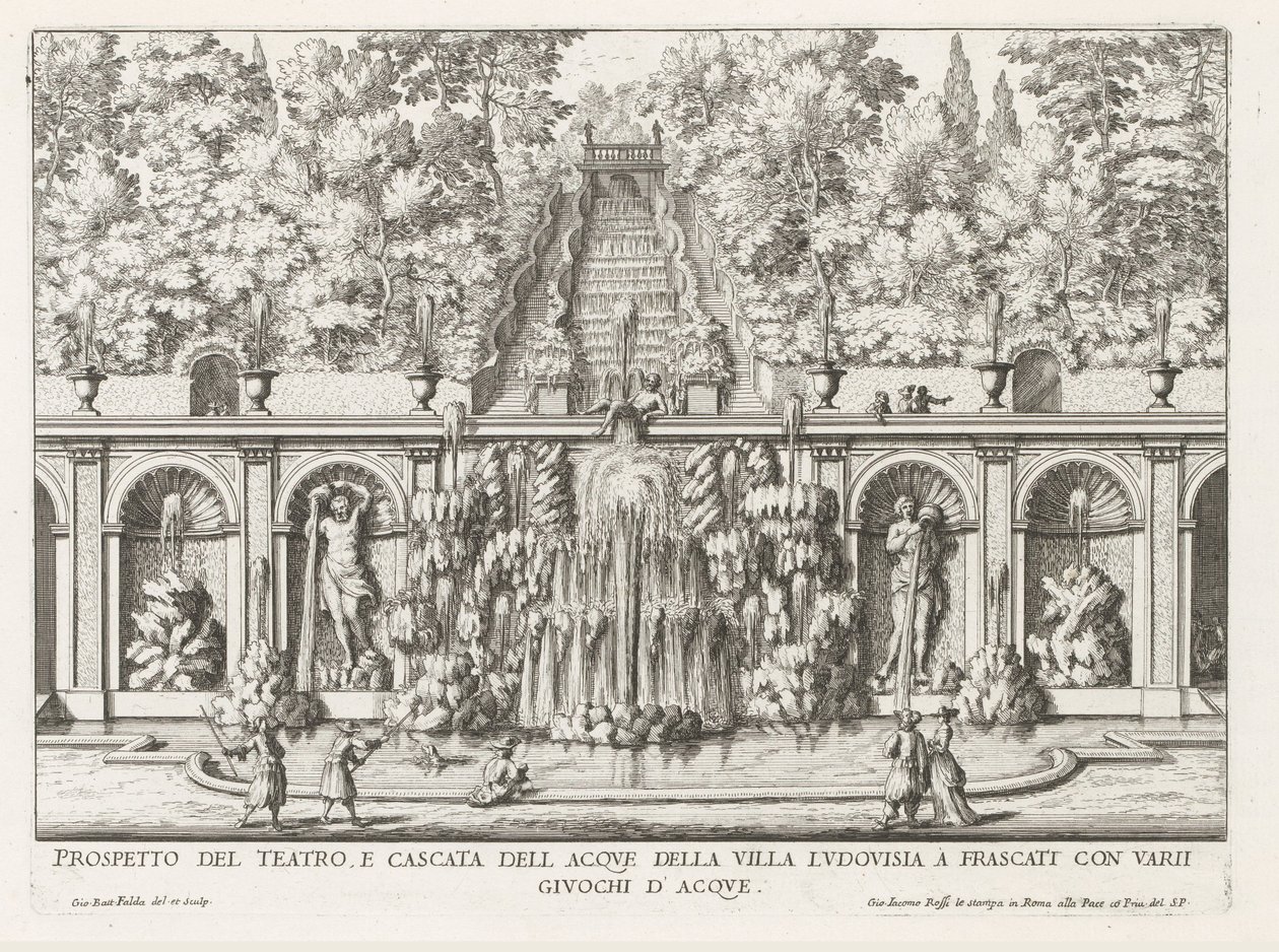 Cascade en Teatro delle Acque in de tuinen van de Villa Torlonia te Frascati A Villa Ludovisia színházának és vízesésének kilátása (...) (cím a tárgyon) A Frascati villák szökőkútjai (sorozat címe) Fonteinen van Frascati (sorozat címe) alkotó: Giovanni Battista Falda