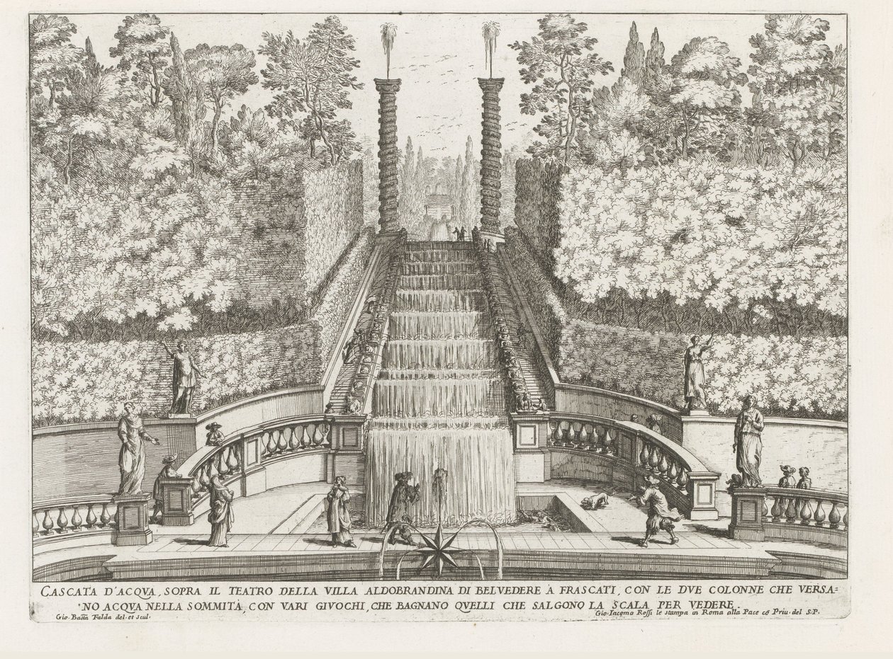 Cascade in de tuinen van de Villa Aldobrandini te Frascati Vízesés a villa Aldobrandina di Belvedere színháza fölött Frascatiban (...) (cím az objektumon) A Frascati villák szökőkútjai (sorozat címe) Fonteinen van Frascati (sorozat címe) alkotó: Giovanni Battista Falda