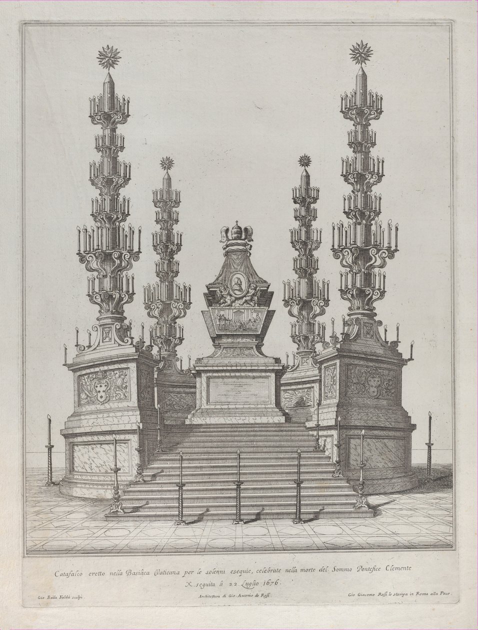Katafalk X. Kelemen pápának: 15 lépcsős emelvényre emelt központi építmény, 1676-os k... alkotó: Giovanni Battista Falda