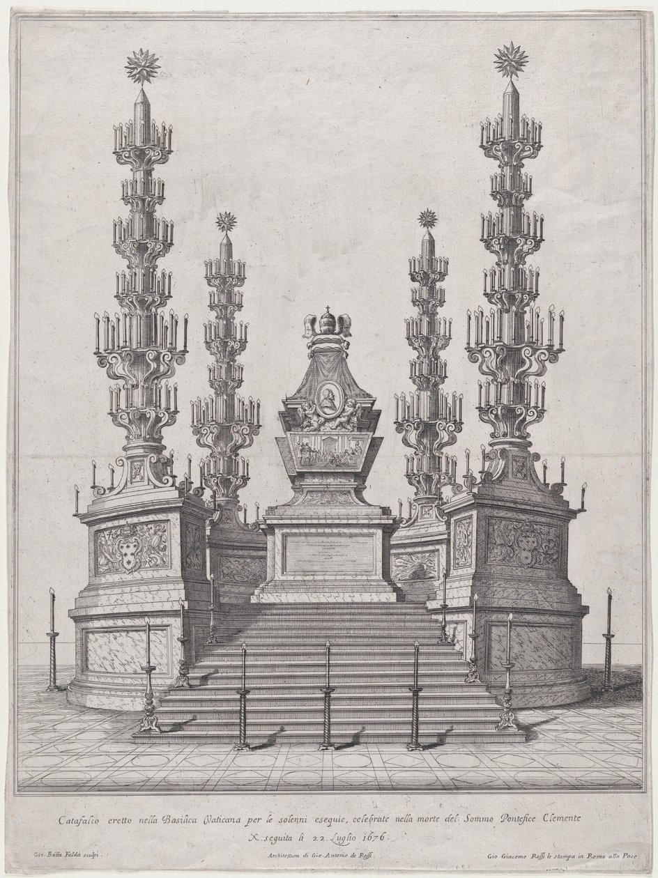 Katafalk X. Kelemen pápának, központi szerkezet egy tizenöt lépcsőfok tetején, 1676-ban. alkotó: Giovanni Battista Falda