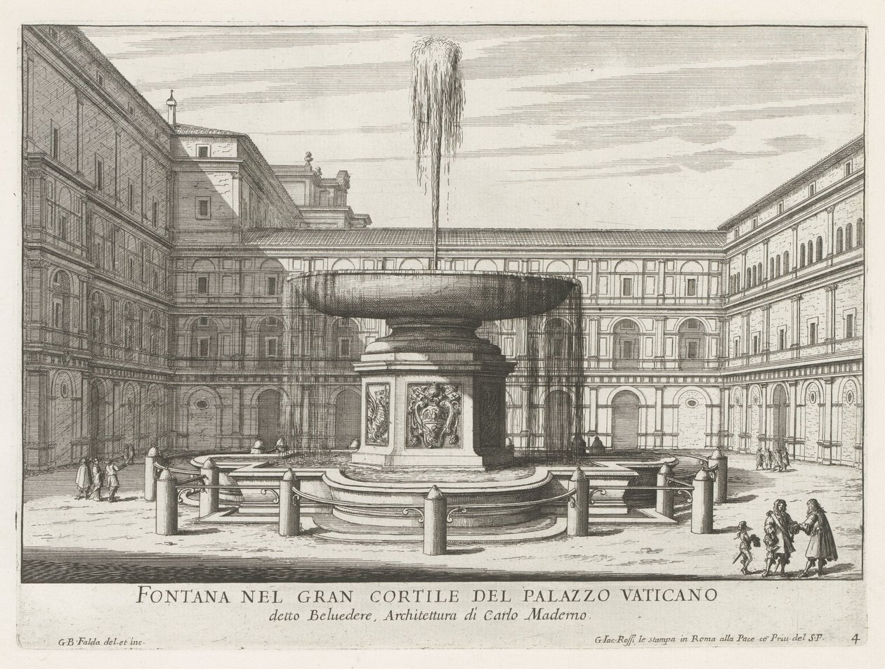 Fontein a Cortile del Belvedere-ben Vaticaanban Szökőkút a Vatikáni Palota nagy udvarában (cím a tárgyon) Róma szökőkútjai (sorozat címe) Fonteinen van Rome (sorozat címe) alkotó: Giovanni Battista Falda