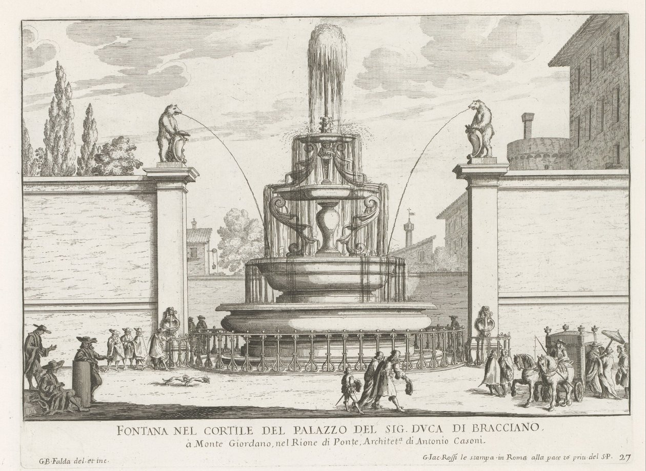 Fontein in de binnenplaats van Palazzo Taverna te Rome Szökőkút Mr. udvarán. Bracciano hercege (cím a tárgyon) Róma szökőkútjai (sorozat címe) Fonteinen van Rome (sorozat címe) alkotó: Giovanni Battista Falda