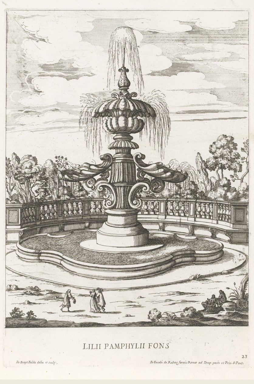Szökőkút a római Villa Doria Pamphilj kertjében Lilii Pamphylii fons (cím a tárgyon) Le fontane ne palazzi e ne giardini di Roma (sorozat címe) Szökőkutak a római palotákban és kertekben (sorozat címe) alkotó: Giovanni Battista Falda
