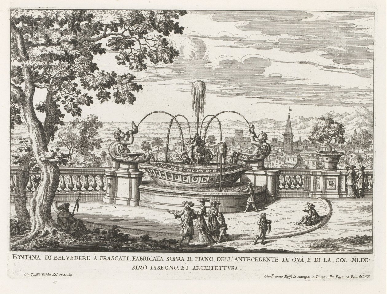 Fontein in de tuinen van de Villa Aldobrandini te Frascati Belvedere-kút Frascatiban, ezen az oldalon az előzmény szintje fölé épült (...) (cím az objektumon) A Frascati villák szökőkútjai (sorozat címe) Fonteinen van Frascati (sorozat címe) alkotó: Giovanni Battista Falda