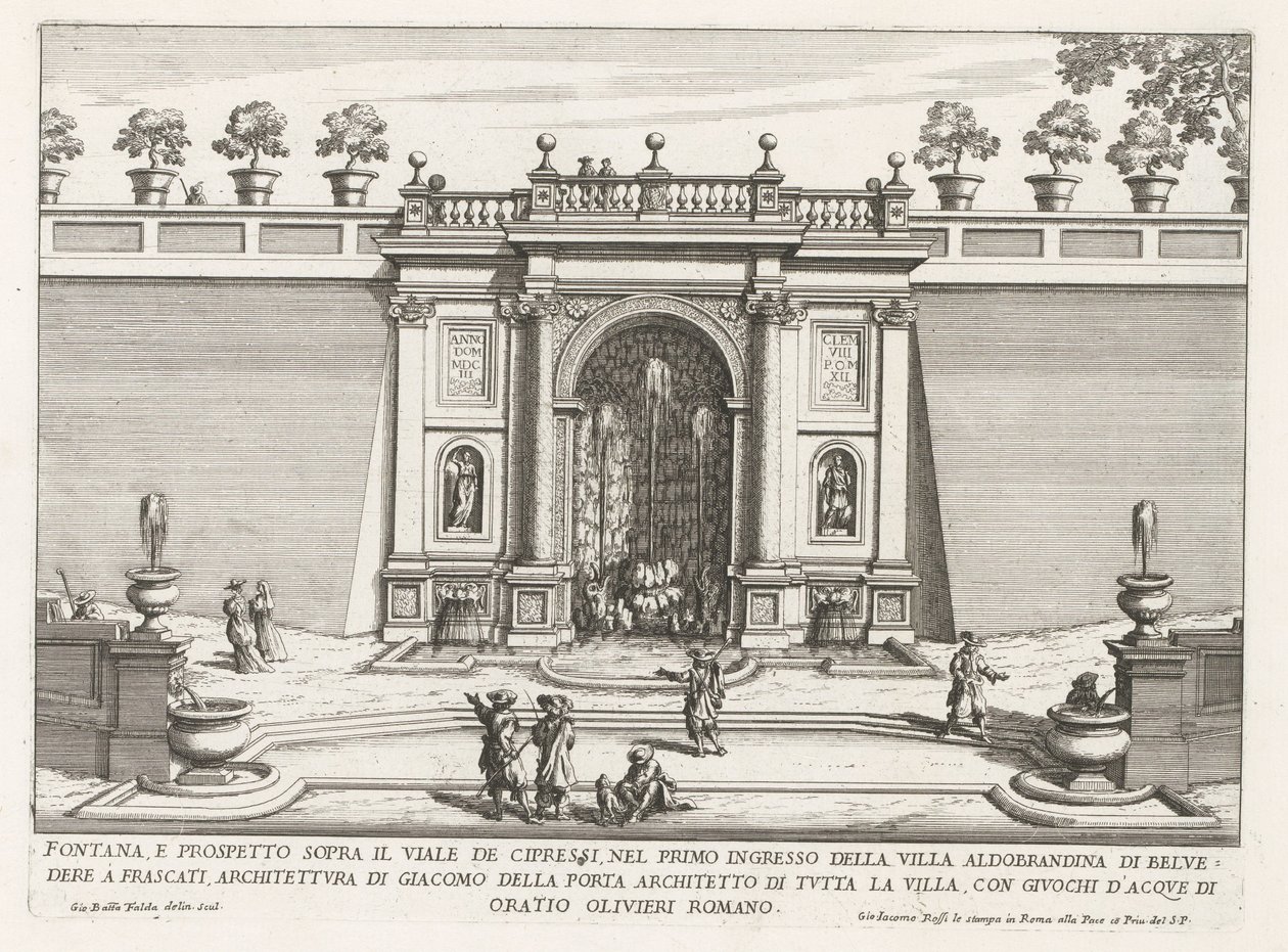 Fontein in de tuinen van de Villa Aldobrandini te Frascati Szökőkút és magaslat a ciprus sugárút felett (...) (cím az objektumon) A Frascati villák szökőkútjai (sorozat címe) Fonteinen van Frascati (sorozat címe) alkotó: Giovanni Battista Falda