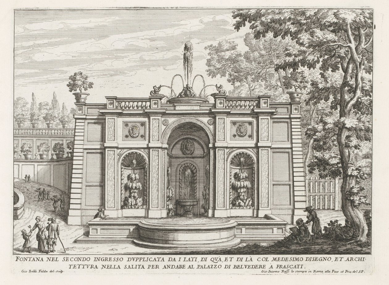 Fontein in de tuinen van de Villa Aldobrandini te Frascati Szökőkút a második bejáratban oldalról megkétszerezve (...) (cím a tárgyon) A Frascati villák szökőkútjai (sorozat címe) Fonteinen van Frascati (sorozat címe) alkotó: Giovanni Battista Falda