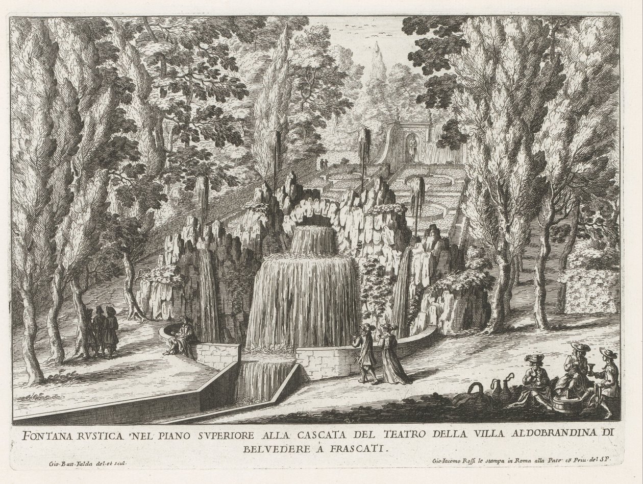 Fontein in de tuinen van de Villa Aldobrandini te Frascati Rusztikus szökőkút a felső emeleten a színház vízesésénél (...) (cím a tárgyon) A Frascati villák szökőkútjai (sorozat címe) Fonteinen van Frascati (sorozat címe) alkotó: Giovanni Battista Falda