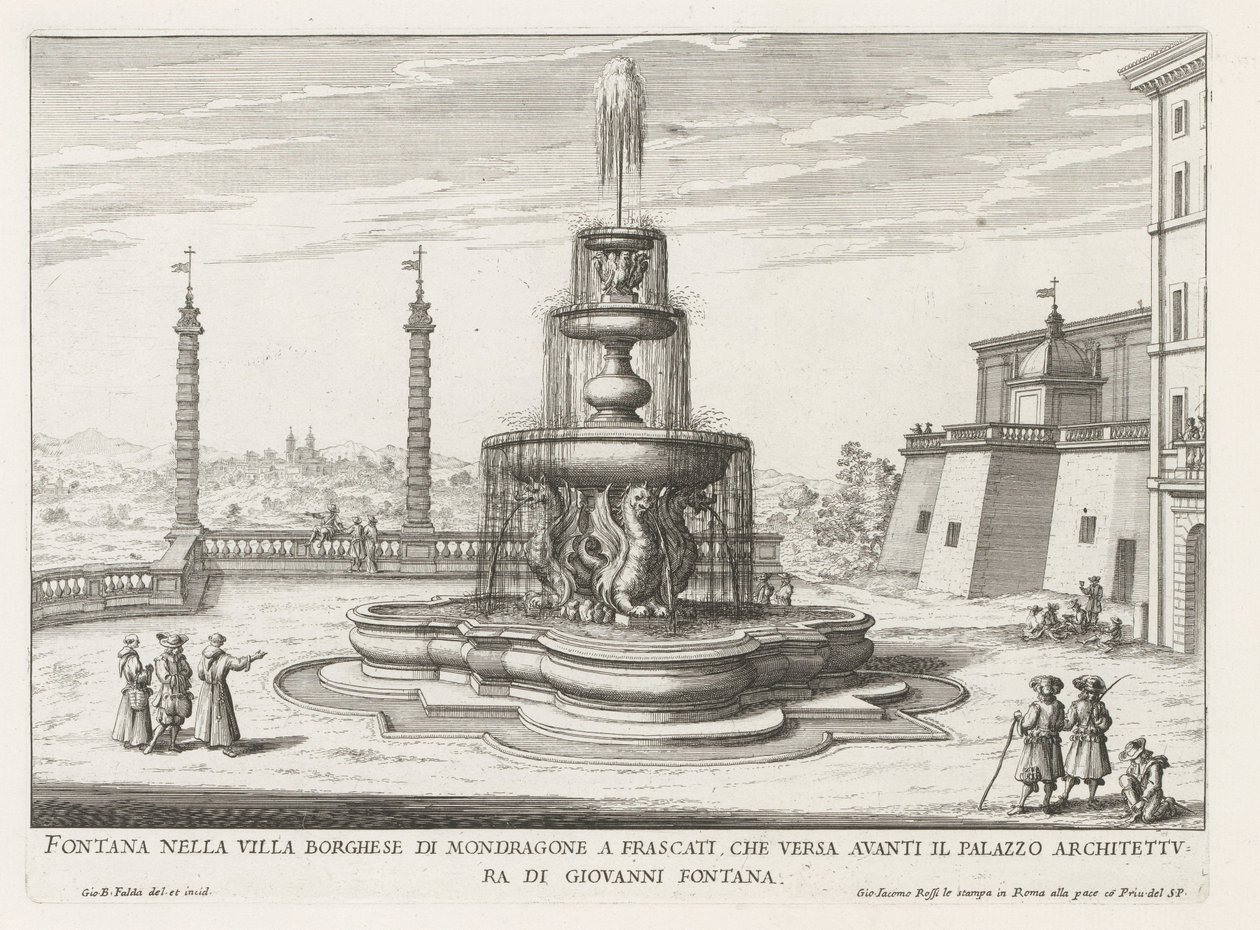 Fontein in de tuinen van de Villa Mondragone te Frascati Szökőkút a Frascati-i Villa Borghese di Mondragone-ban (...) (cím a tárgyon) A Frascati villák szökőkútjai (sorozat címe) Fonteinen van Frascati (sorozat címe) alkotó: Giovanni Battista Falda