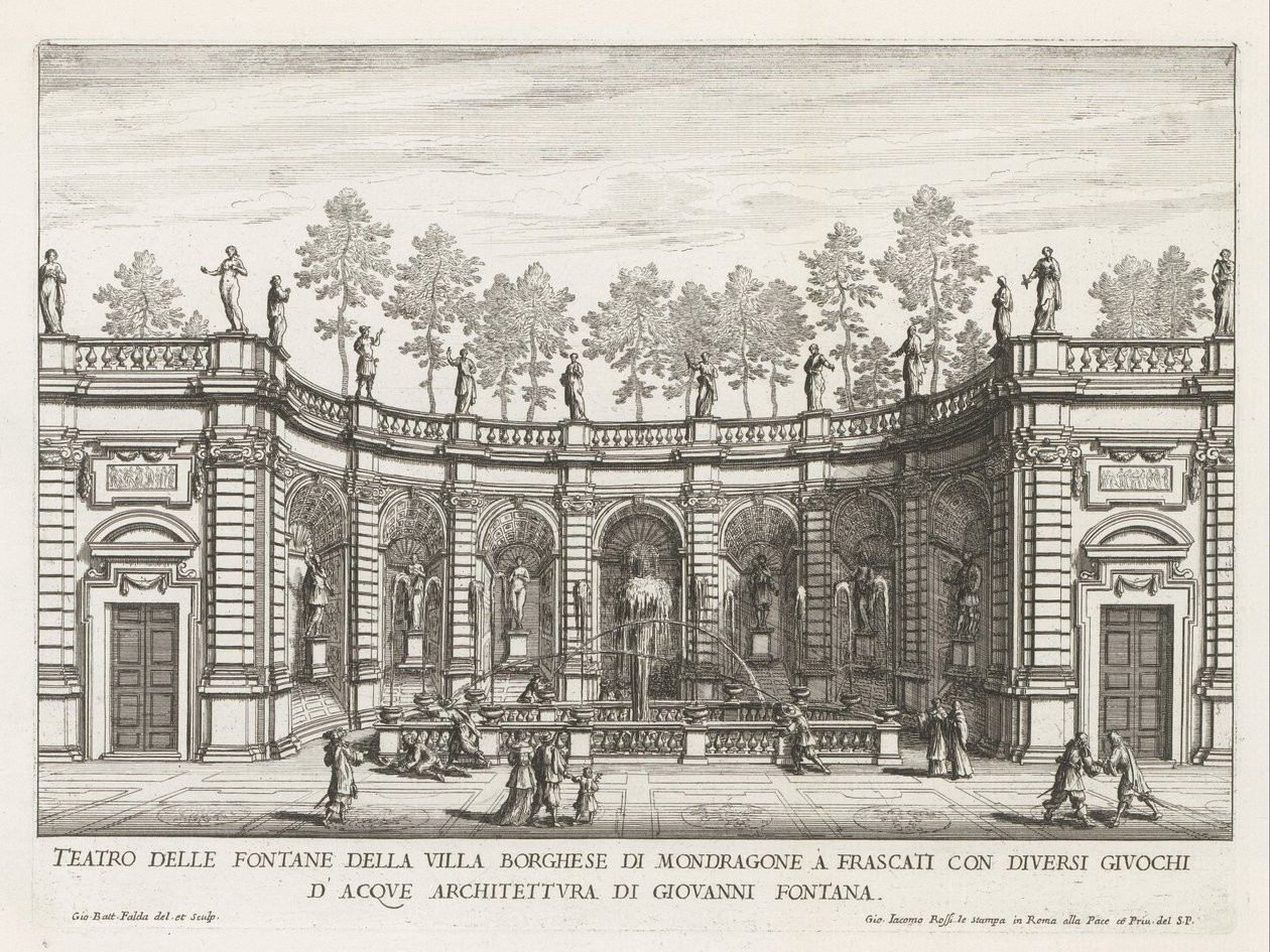 Fontein in de tuinen van de Villa Mondragone te Frascati A Mondragone-i Villa Borghese szökőkútjainak színháza Frascatiban (...) (cím a tárgyon) A Frascati villák szökőkútjai (sorozat címe) Fonteinen van Frascati (sorozat címe) alkotó: Giovanni Battista Falda