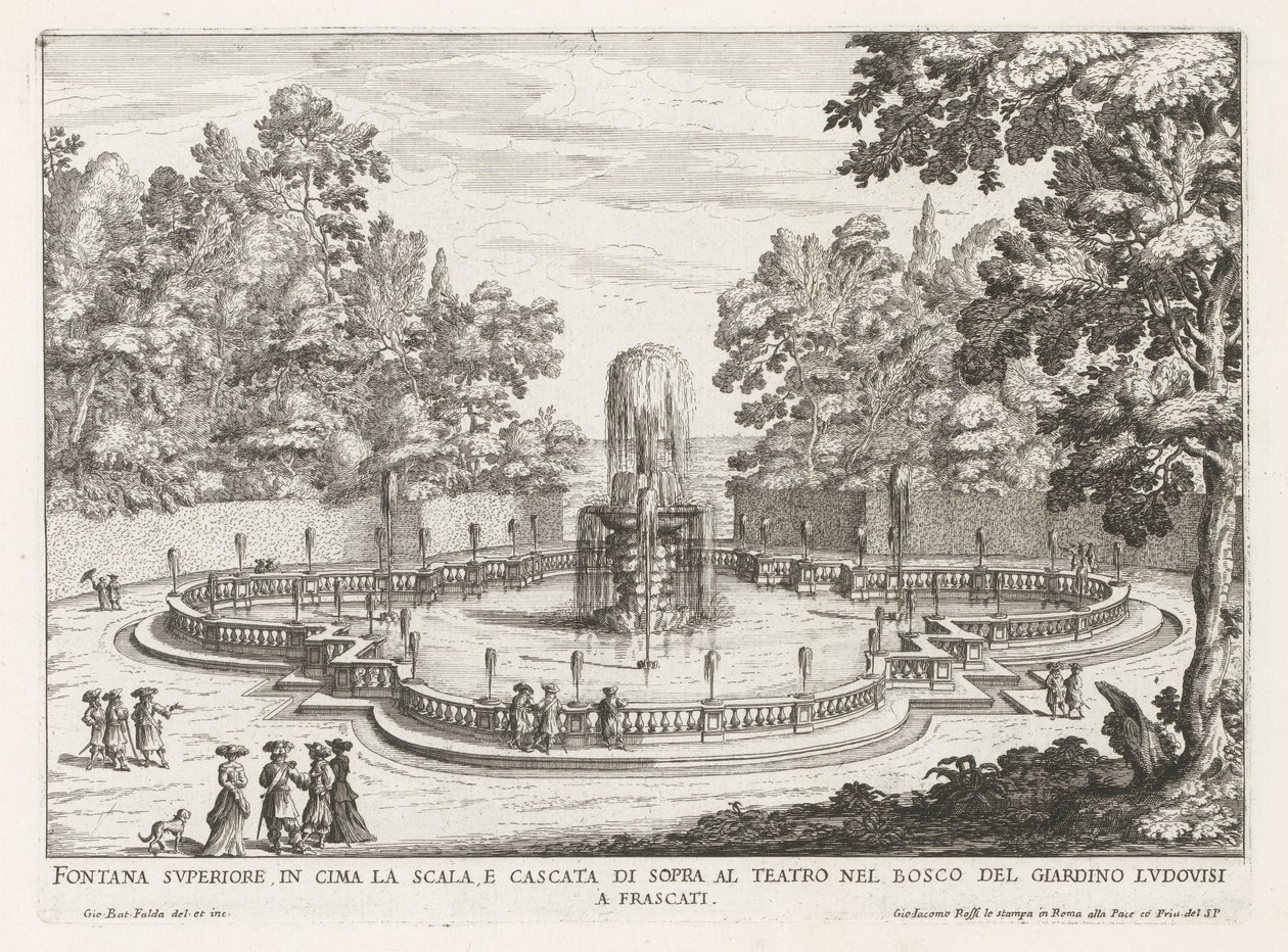 Fontein in de tuinen van de Villa Torlonia te Frascati Felső szökőkút a lépcső tetején és vízesés a színház felett (...) (cím a tárgyon) A Frascati villák szökőkútjai (sorozat címe) Fonteinen van Frascati (sorozat címe) alkotó: Giovanni Battista Falda
