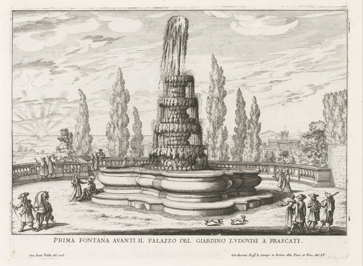 Fontein in de tuinen van de Villa Torlonia te Frascati Az első szökőkút a Palazzo del Giardino Ludovisi előtt Frascatiban (cím a tárgyon) Frascati villáinak szökőkútjai (sorozat címe) Fonteinen van Frascati (sorozat címe) alkotó: Giovanni Battista Falda