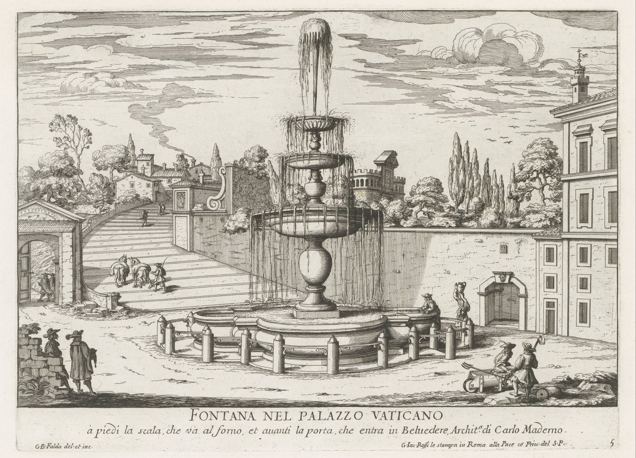 Szökőkút a Vatikánban Fontana nel Palazzo Vaticano (cím a tárgyon) Fontane di Roma (sorozat címe) Róma szökőkútjai (sorozat címe) alkotó: Giovanni Battista Falda