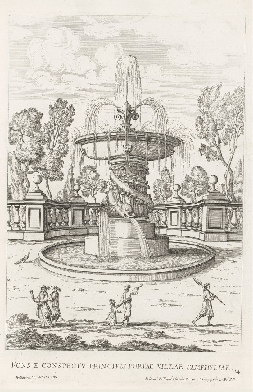 Fontein met dolfijnen in de tuinen van Villa Doria Pamphilj te Rome A szökőkút Pamphylia város hercegi kapuja előtt (cím a tárgyon) Le fontane ne palazzi e ne giardini di Roma (sorozat címe) Fonteinen in de paleizen en tuinen van Rome (sorozat címe alkotó: Giovanni Battista Falda