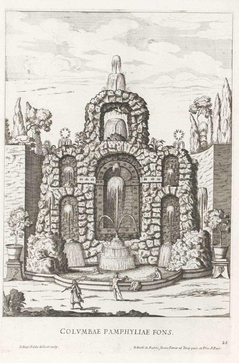Szökőkút galambokkal a római Villa Doria Pamphilj kertjében Columbae Pamphyliae fons (cím a tárgyon) Le fontane ne palazzi e ne giardini di Roma (sorozat címe) Szökőkutak a római palotákban és kertekben (sorozat címe) alkotó: Giovanni Battista Falda