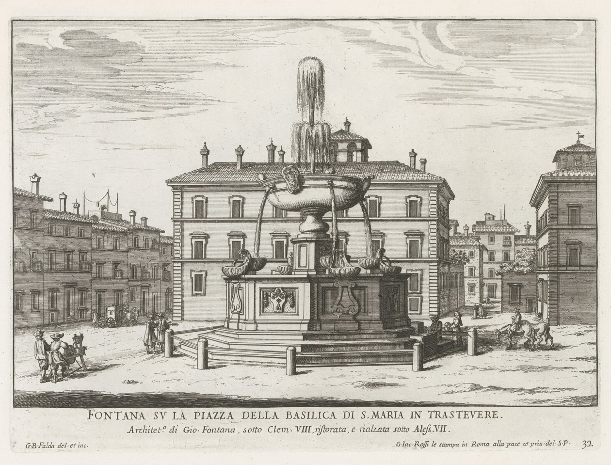 Fontein op Piazza Santa Maria in Trastevere Szökőkút a Trastevere-i S. Maria-bazilika terén (cím a tárgyon) Róma szökőkútjai (sorozat címe) Fonteinen van Rome (sorozat címe) alkotó: Giovanni Battista Falda