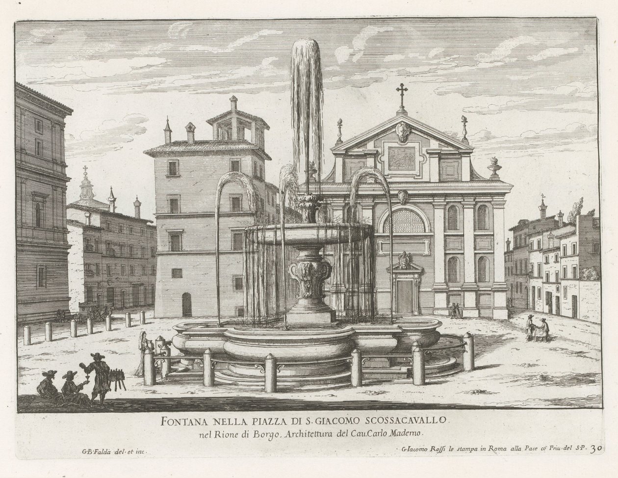 Fontein a Piazza Scossacavalli Rómában Szökőkút a Piazza di S. Giacomo Scossacavallón (cím a tárgyon) Róma szökőkútjai (sorozat címe) Fonteinen van Rome (sorozat címe) alkotó: Giovanni Battista Falda