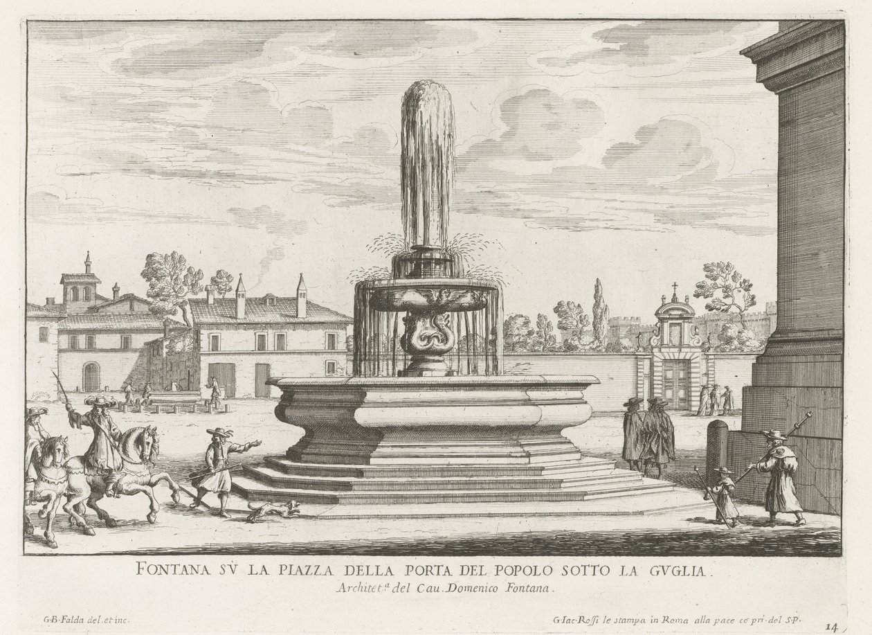 Fontein a Piazza del Popolo Rómában Szökőkút a Piazza della Porta del Popolo-n a torony alatt (cím a tárgyon) Róma szökőkútjai (sorozat címe) Fonteinen van Rome (sorozat címe) alkotó: Giovanni Battista Falda
