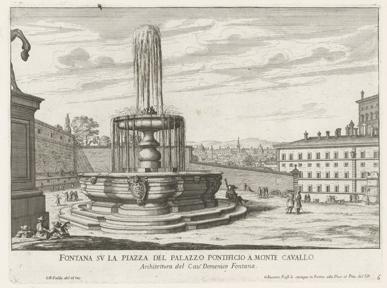 Fontein a Piazza del Quirinale te Rómában Szökőkút a pápai palota terén, Monte Cavalloban (cím a tárgyon) Róma szökőkútjai (sorozat címe) Fonteinen van Rome (sorozat címe) alkotó: Giovanni Battista Falda